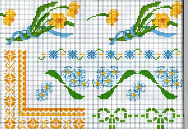 various cross-stitch borders with flowers narcissus and white daisies