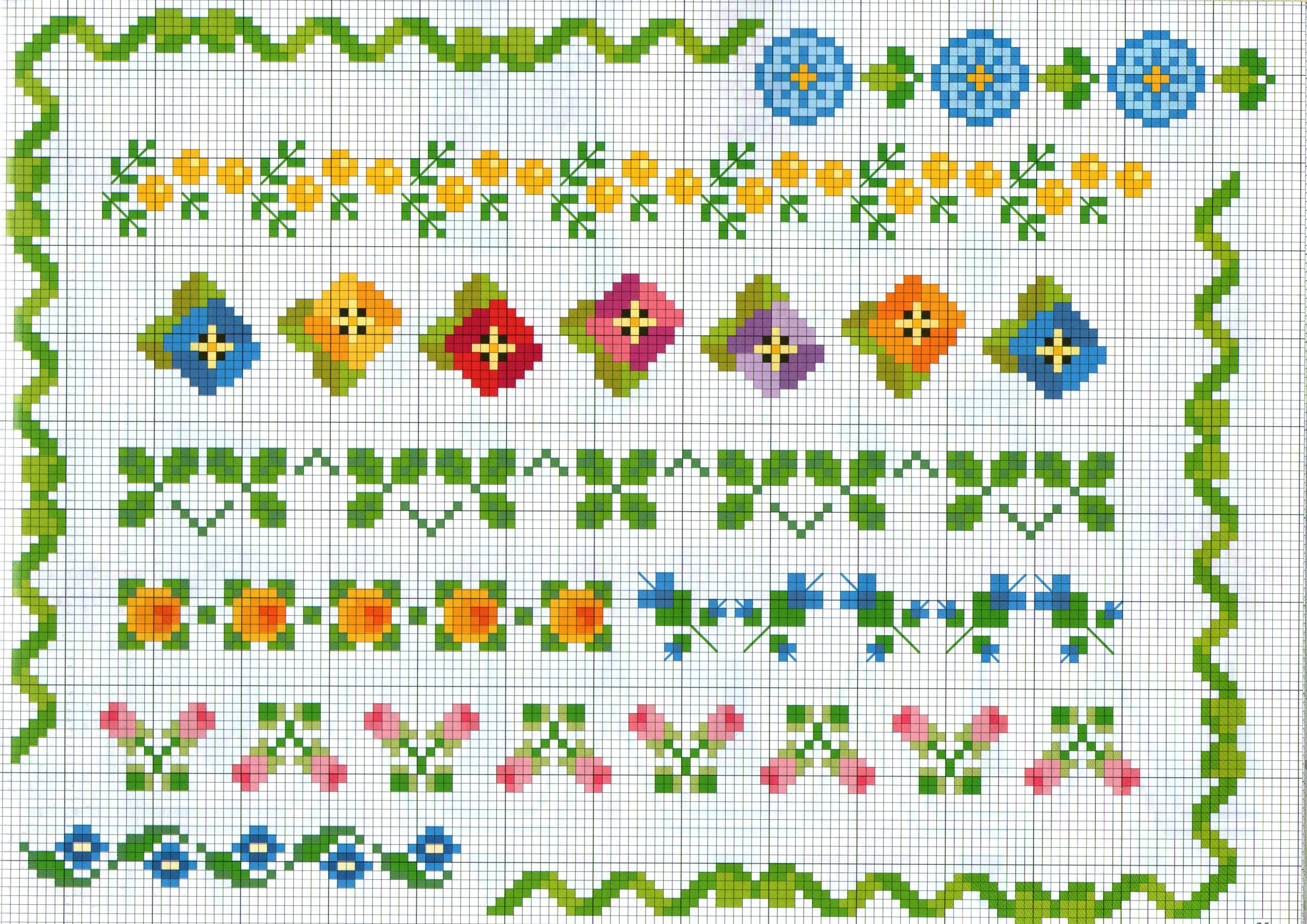 various cross-stitch borders with small motifs colored flowers